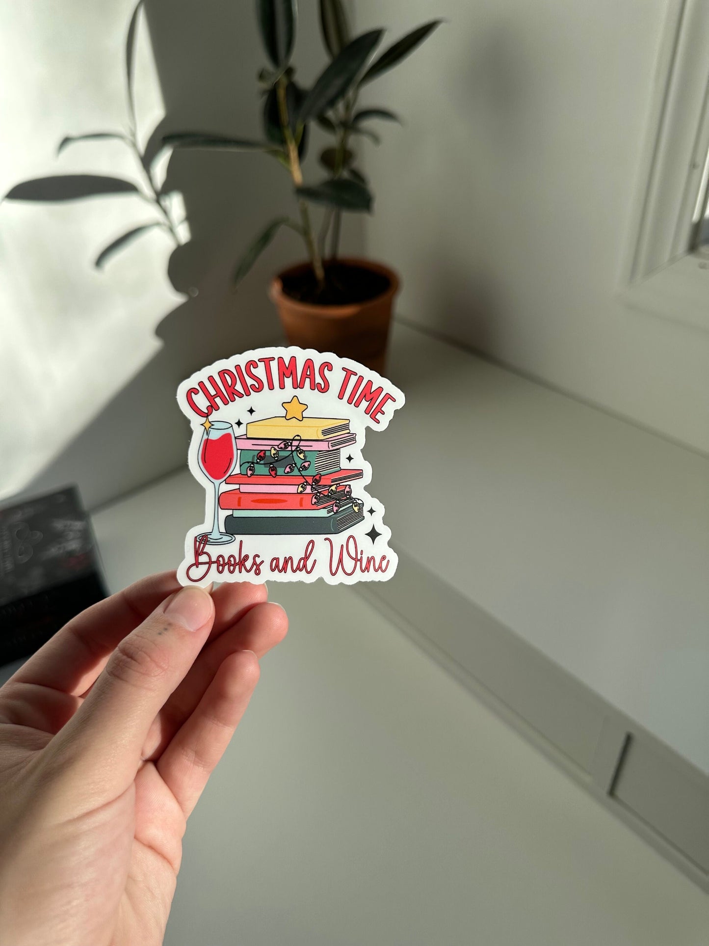 Christmas Time Books and Wine Sticker