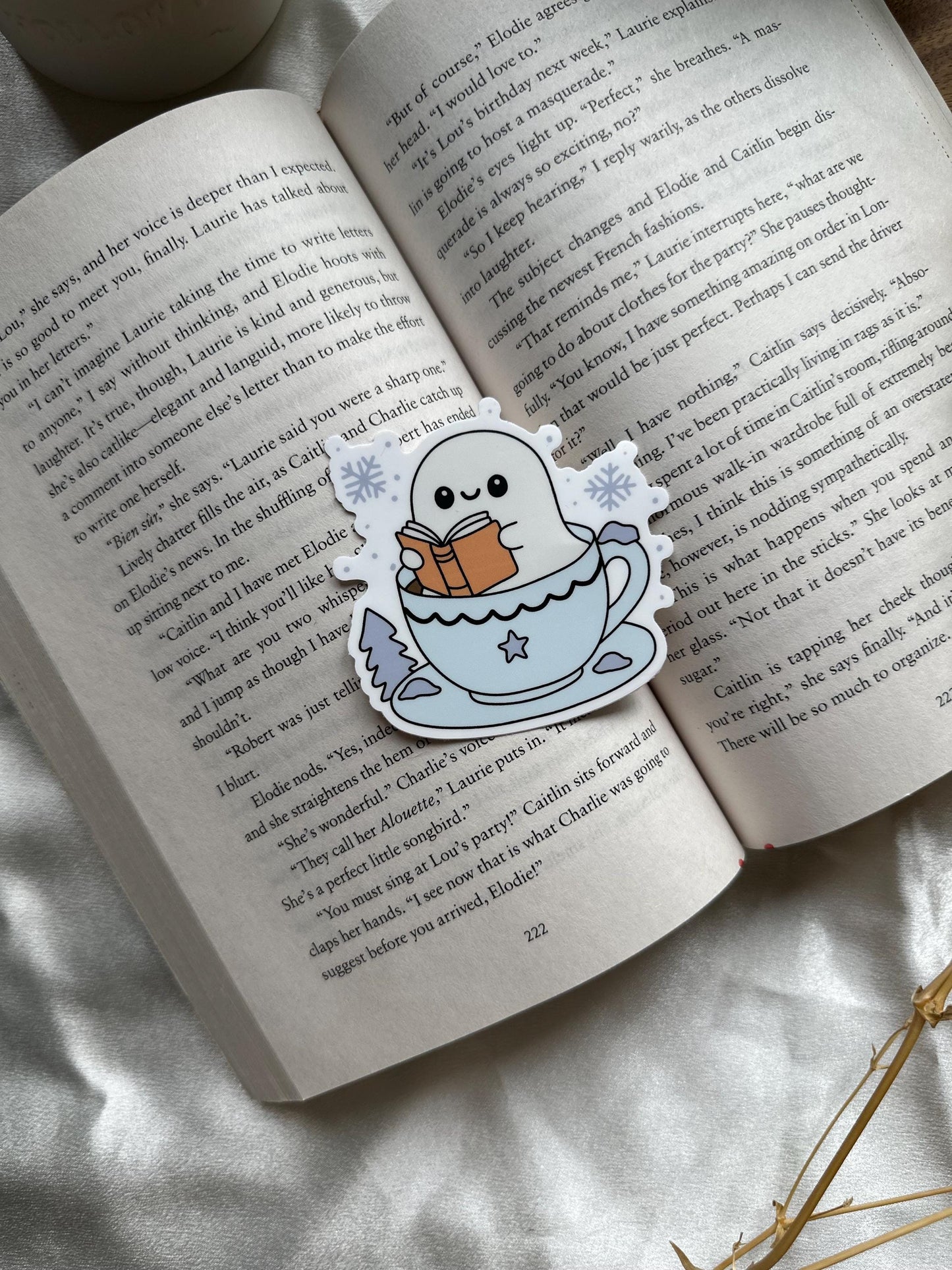 Winter Ghostie Reading in a Teacup Sticker