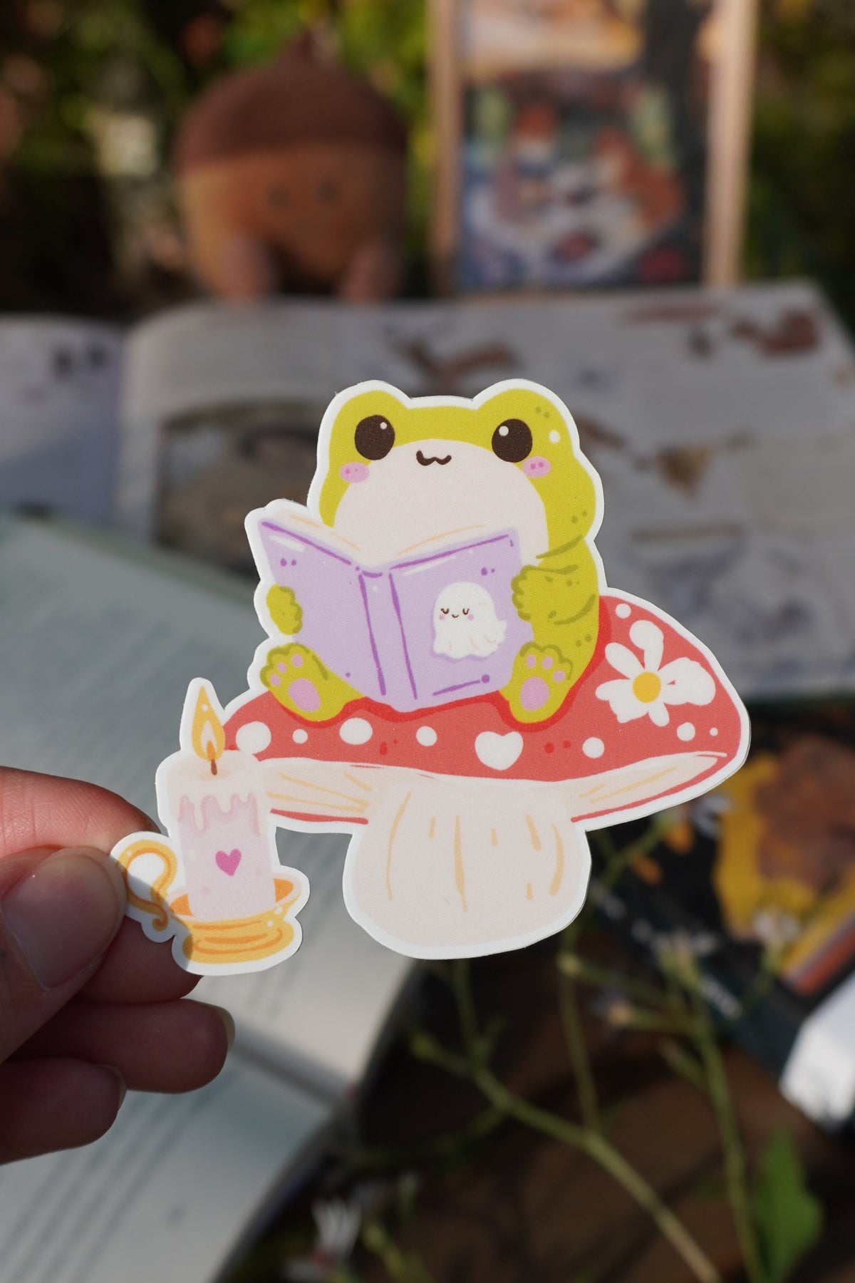 Frog Reading on a Mushroom Sticker