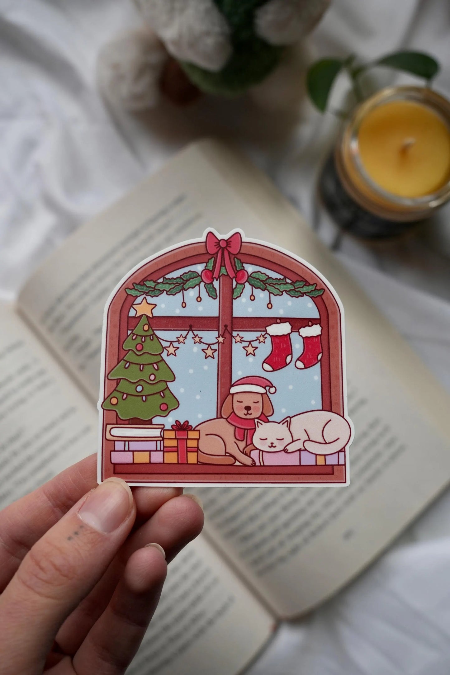 Holiday Window With Sleeping Cat and Dog Sticker