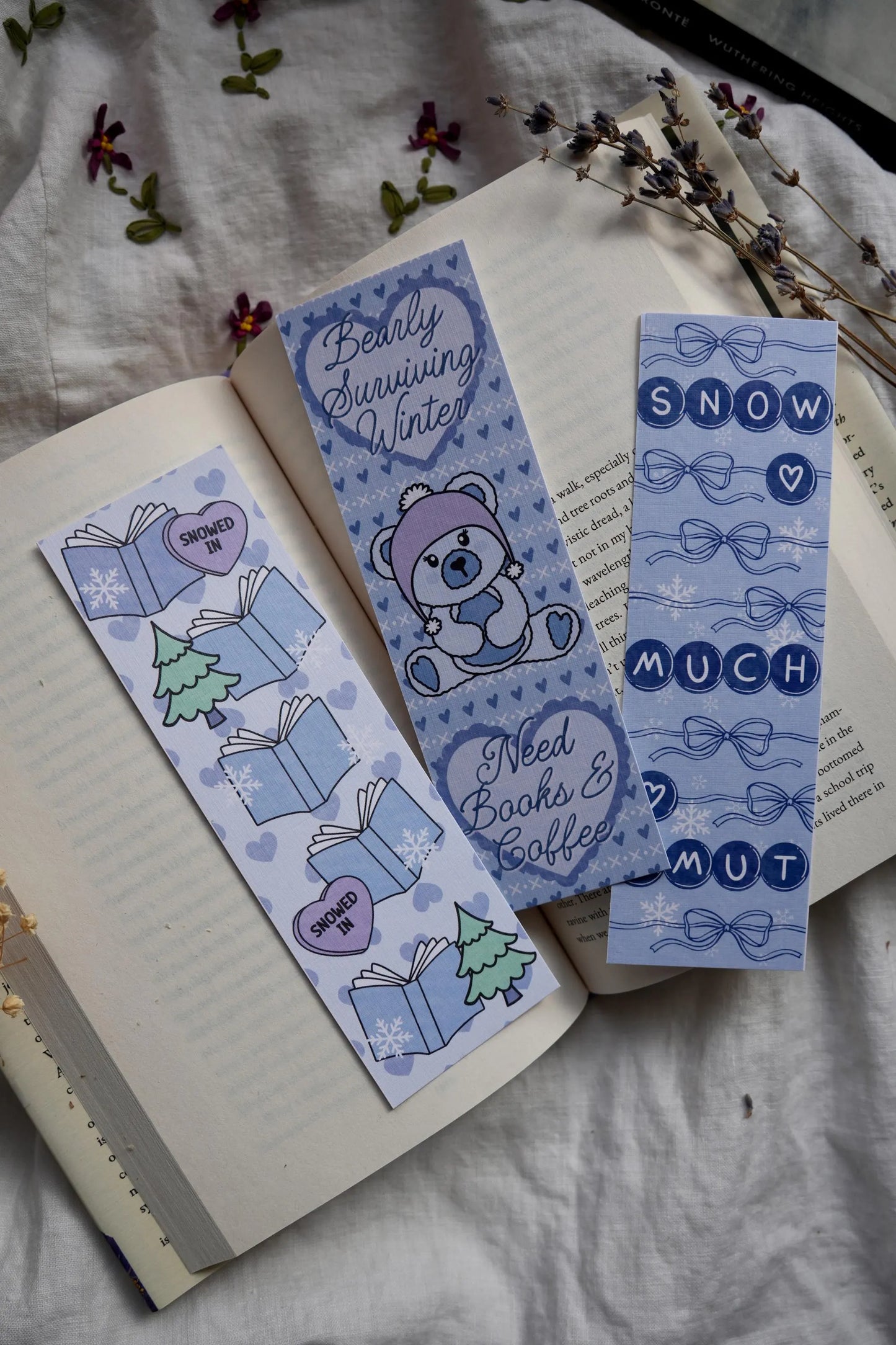 Winter Linen Bookmarks - Bear, Bows, Snowflakes