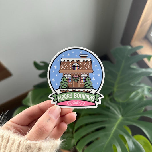 Merry Bookmas Gingerbread Bookshop Snow Globe Sticker