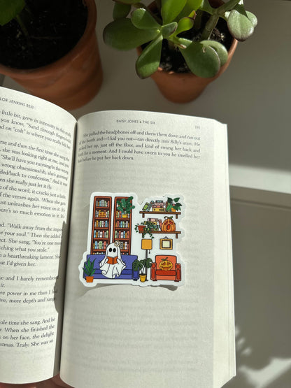 Cute Ghostie Reading Sticker with a Bookshelf