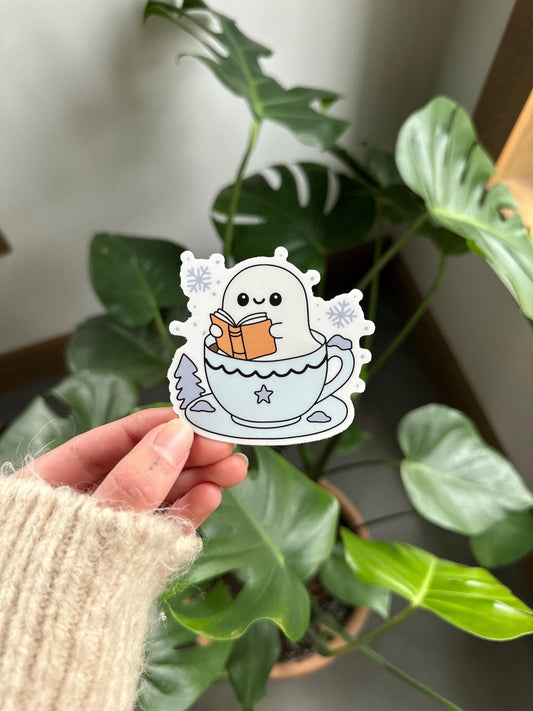 Winter Ghostie Reading in a Teacup Sticker