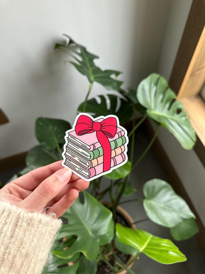 Holiday Book Stack with a Bow Sticker