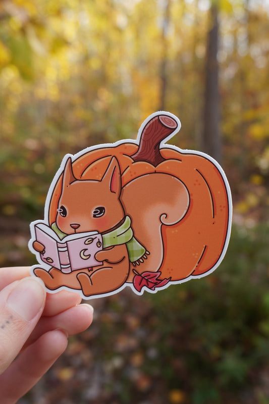 Squirrel Reading Pumpkin Sticker