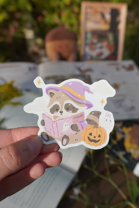Raccoon Reading Halloween Sticker