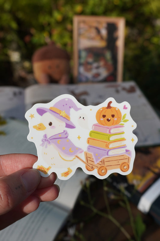 Witchy Duck with Book Wagon Sticker