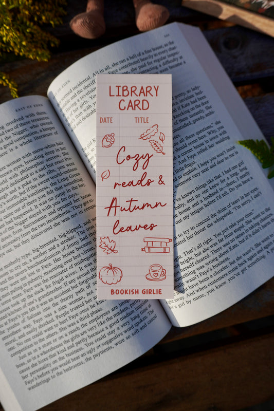 Cozy Reads & Autumn Leaves Library Card Bookmark