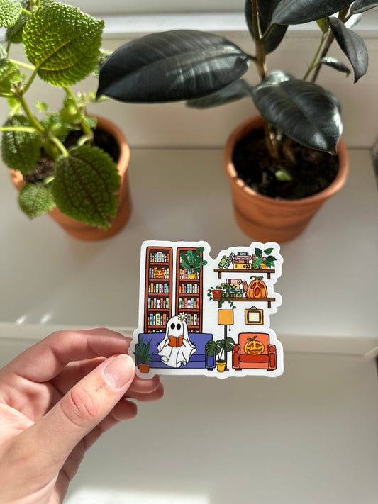 Cute Ghostie Reading Sticker with a Bookshelf