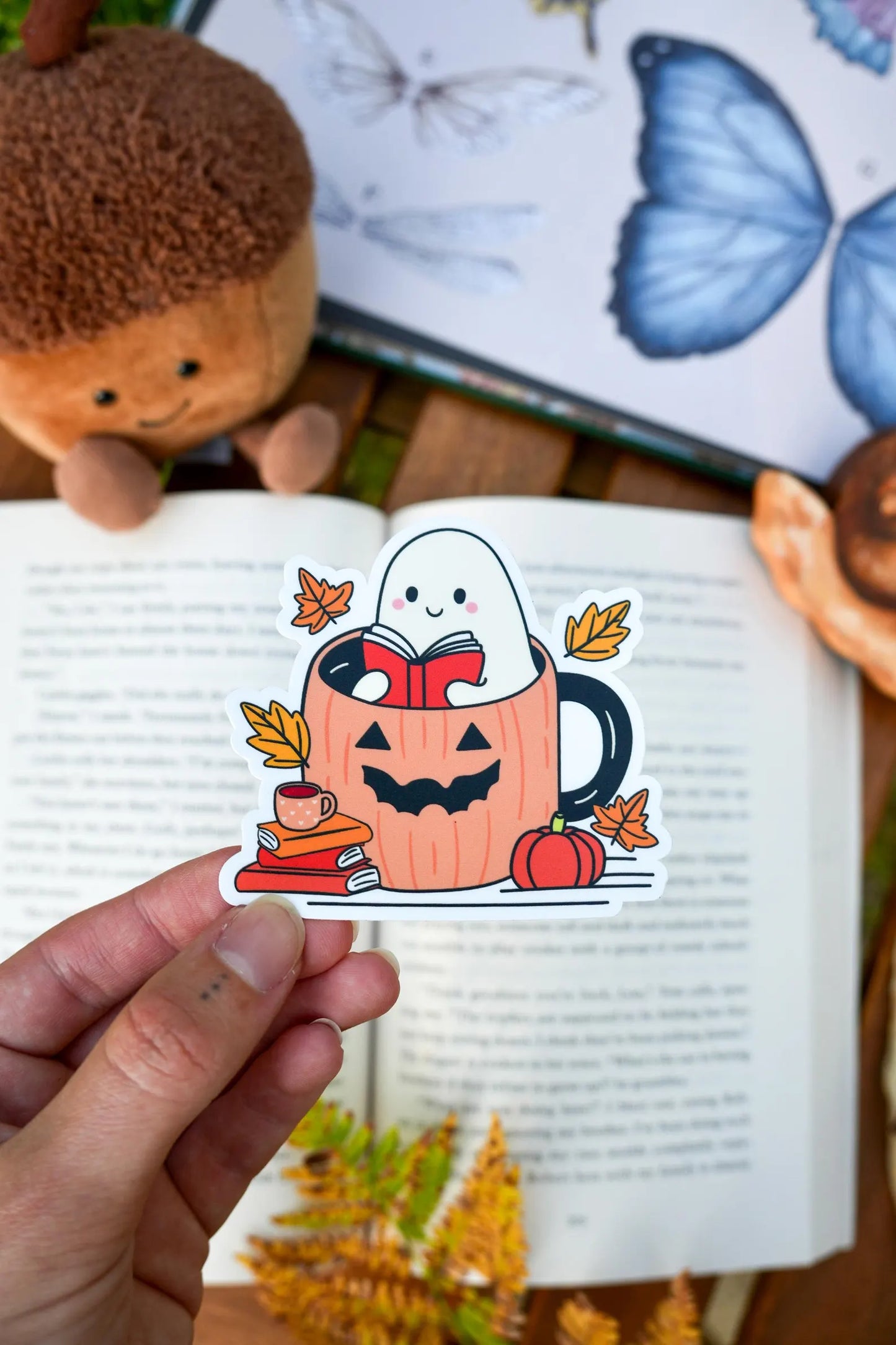 Ghost Reading in a Pumpkin Mug Sticker