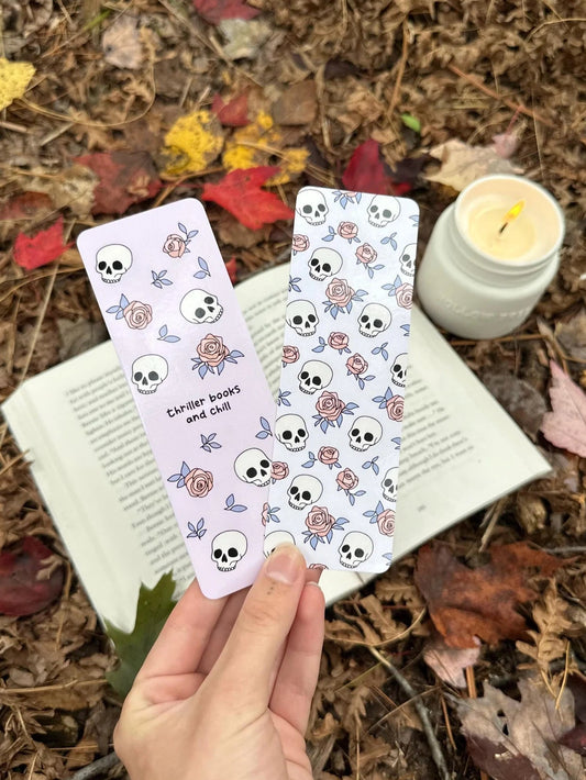Thriller Books & Chill, Skulls and Roses Bookmark