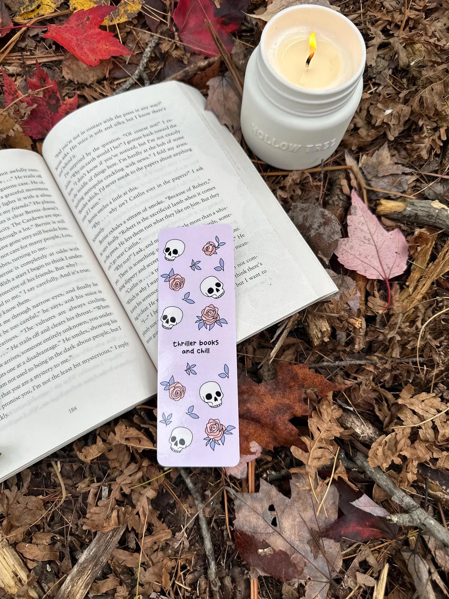 Thriller Books & Chill, Skulls and Roses Bookmark
